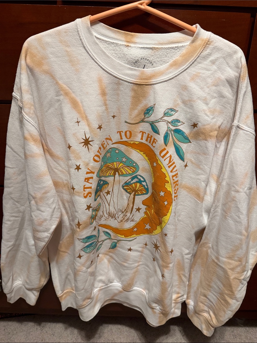 PacSun White Tie-Dye Graphic sweatshirt w/Teal & Gold Mushroom Moon,mild pilling